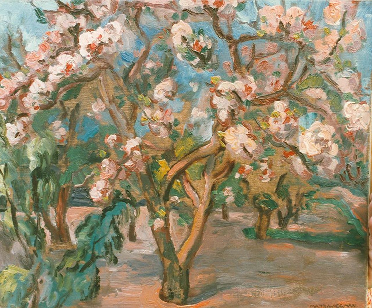Wiegman M.J.M.  | Mattheus Johannes Marie 'Matthieu' Wiegman, An orchard in blossom, Öl auf Leinwand 38,0 x 46,0 cm, signed l.r.
