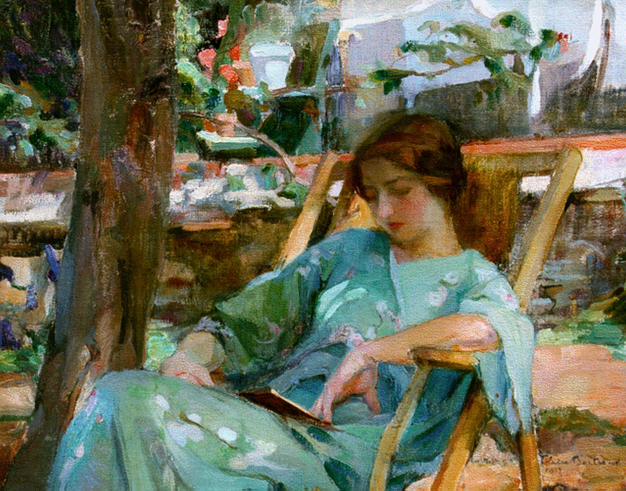 Bertrand C.  | Claire Bertrand, An elegant lady reading, Öl auf Leinwand 54,2 x 65,0 cm, signed l.r. und dated 1912