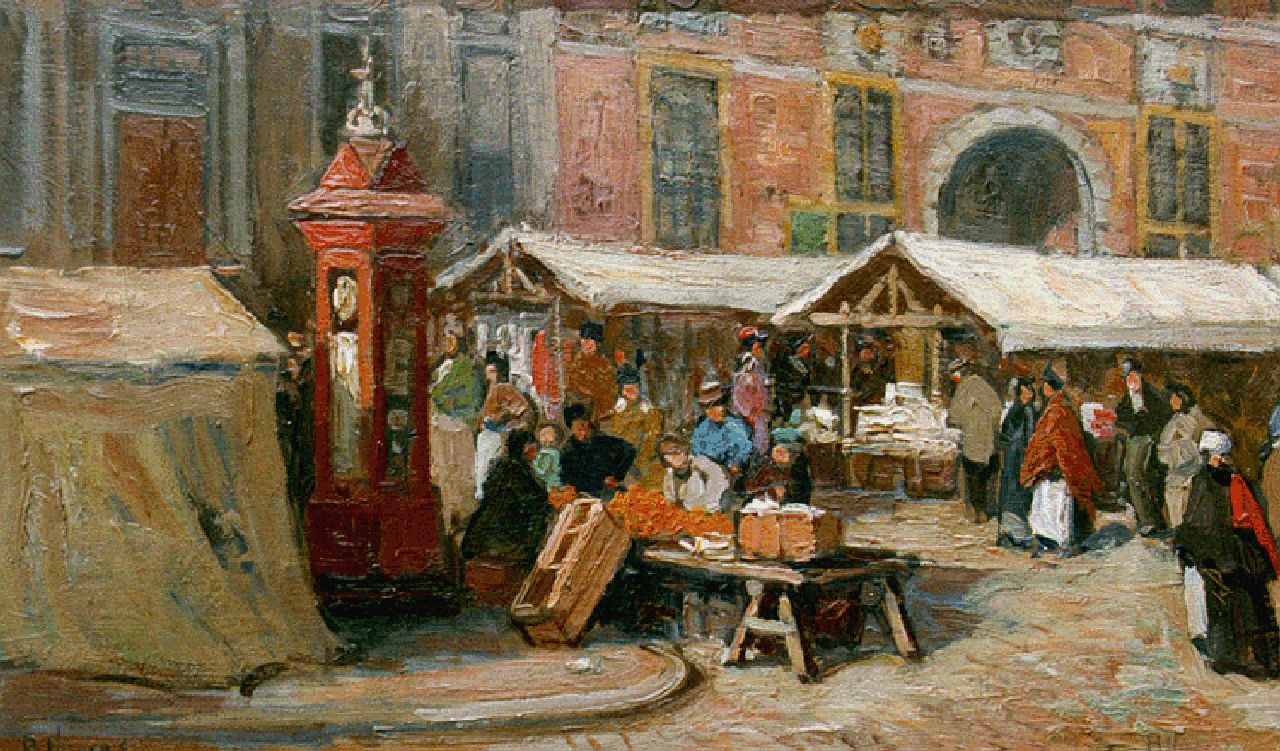 Viegers B.P.  | Bernardus Petrus 'Ben' Viegers, Market at the Boterwaag, The Hague, Öl auf Leinwand 22,6 x 37,0 cm, signed l.r.