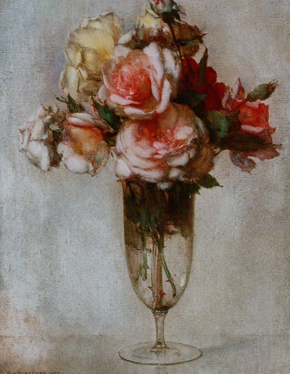 Bogaerts J.J.M.  | Johannes Jacobus Maria 'Jan' Bogaerts, A still life with roses in a glass vase, Öl auf Leinwand 40,0 x 30,2 cm, signed l.l. und dated 1927
