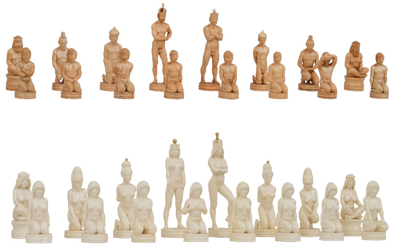 Raikis O.  | Oleg Raikis | Skulpturen und Objekte zum Verkauf angeboten | Russian chess set Men/Women, Mammut Elfenbein 14,0 x 7,5 cm, signed signed under white and black king und dated 1998 under white and black king