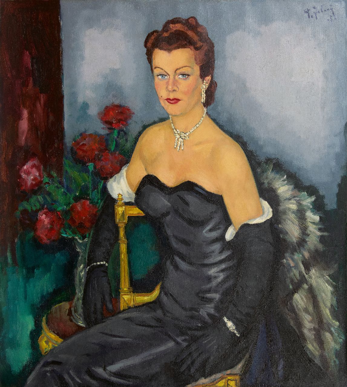 Jabaaij P.  | Piet 'Pleun' Jabaaij | Gemälde zum Verkauf angeboten | Porträt einer jungen eleganten Dame in Abendkleid, Öl auf Leinwand 100,0 x 99,8 cm, Unterzeichnet o.r. und datiert '52