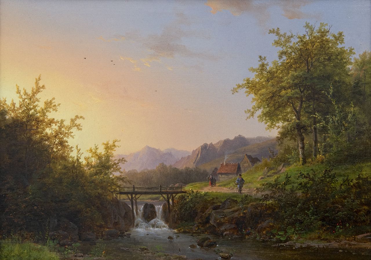 Klombeck J.B.  | Johann Bernard Klombeck | Gemälde zum Verkauf angeboten | Sommerliche Bachlandschaft mit Wasserfall, Öl auf Holz 29,7 x 41,1 cm, Unterzeichnet u.r. und datiert 1847