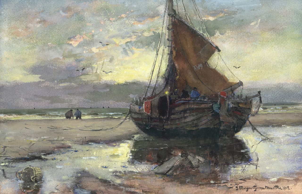 Munthe G.A.L.  | Gerhard Arij Ludwig 'Morgenstjerne' Munthe, Fischerboot am Strand, Aquarell und Gouache auf Papier 32,3 x 49,5 cm, Unterzeichnet u.r. und datiert 1912