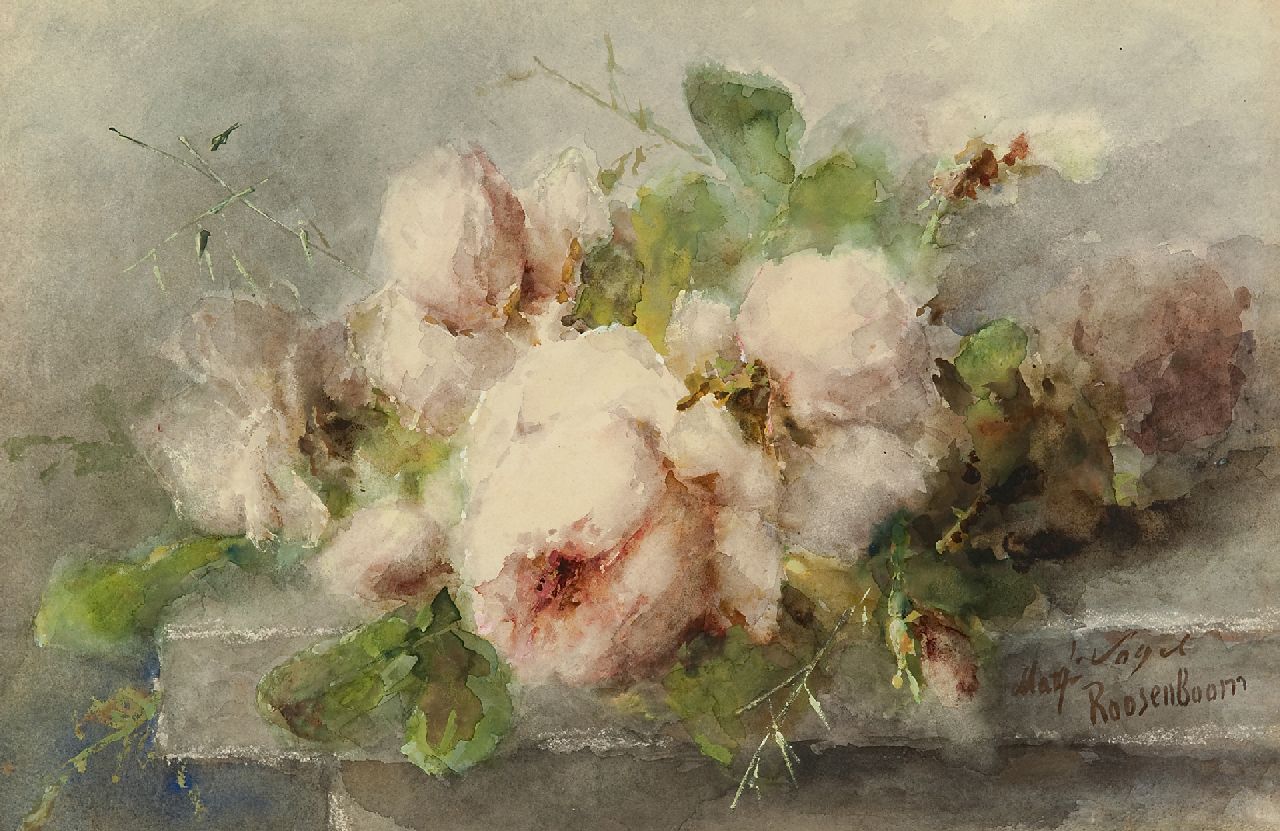 Roosenboom M.C.J.W.H.  | 'Margaretha' Cornelia Johanna Wilhelmina Henriëtta Roosenboom | Aquarelle und Zeichnungen zum Verkauf angeboten | Rosa Rosen auf einer Steinleiste, Aquarell und Gouache auf Papier 35,1 x 53,3 cm, Unterzeichnet u.r.