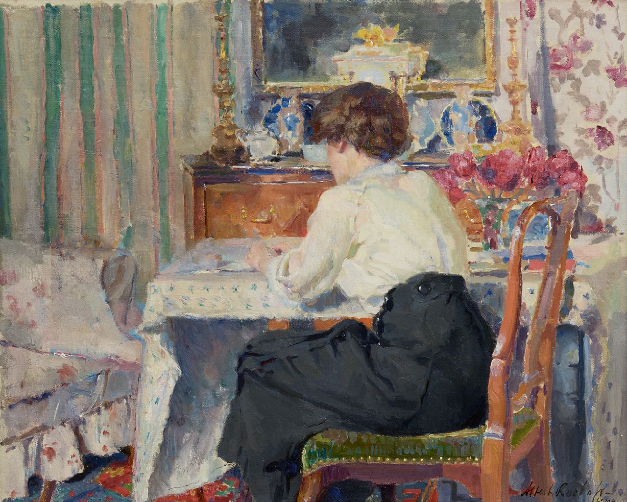 Albert Roelofs | Tjieke, sitzend am Tisch, Öl auf Leinwand, 48,3 x 60,3 cm, Unterzeichnet u.r. und datiert 1914