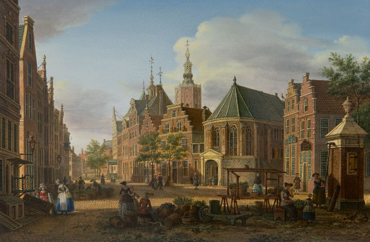 Fargue P.C. la | Paulus Constantijn la Fargue, Blick auf den Groenmarkt in Den Haag, Öl auf Holz 22,7 x 34,5 cm, Unterzeichnet u.r. und zu datieren um 1770