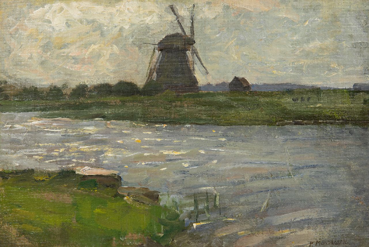 Mondriaan P.C.  | Pieter Cornelis 'Piet' Mondriaan, Oostzijdse Mühle am Fluss das Gein, von Bauernhof Landzicht aus gesehen, Öl auf Leinwand 27,5 x 40,5 cm, Unterzeichnet u.r. und zu datieren um 1902-1903