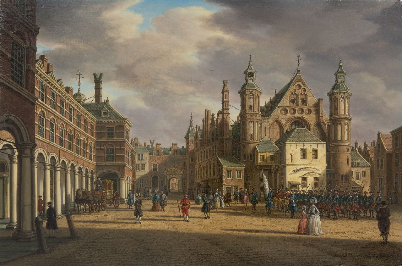 Fargue P.C. la | Paulus Constantijn la Fargue, Blick auf den Binnenhof und die Ridderzaal, Den Haag, Öl auf Holz 22,7 x 34,8 cm, Unterzeichnet u.r. und zu datieren um 1770