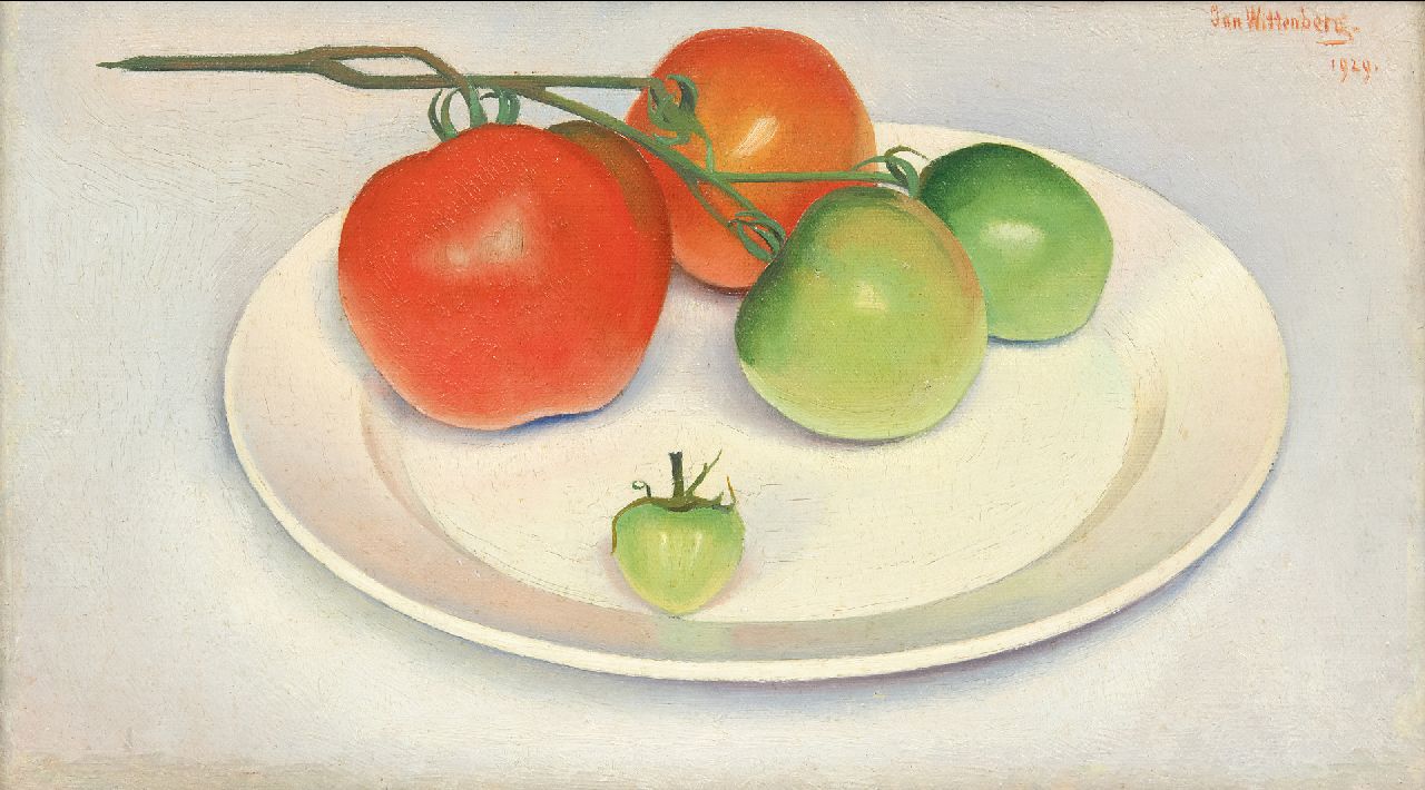 Wittenberg J.H.W.  | 'Jan' Hendrik Willem Wittenberg, Teller mit Tomaten, Öl auf Leinwand auf Holz 15,3 x 26,7 cm, Unterzeichnet o.r. und datiert 1929