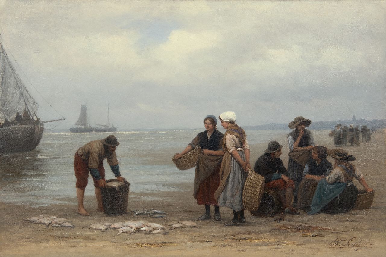 Sadée P.L.J.F.  | Philip Lodewijk Jacob Frederik Sadée, Fisch Verkauf am Strand von Scheveningen, Öl auf Leinwand 49,9 x 75,0 cm, Unterzeichnet u.r.