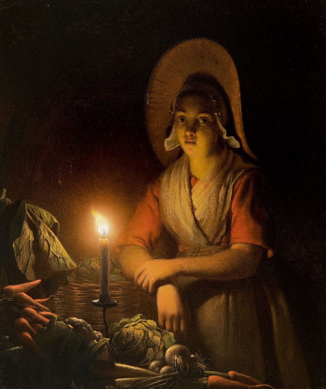 Schendel P. van | Petrus van Schendel, Scheveninger Gemüseverkäuferin im Kerzenlicht, Öl auf Holz 19,4 x 16,5 cm, Unterzeichnet o.r. und im Verso und datiert o.r. und im Verso 1842