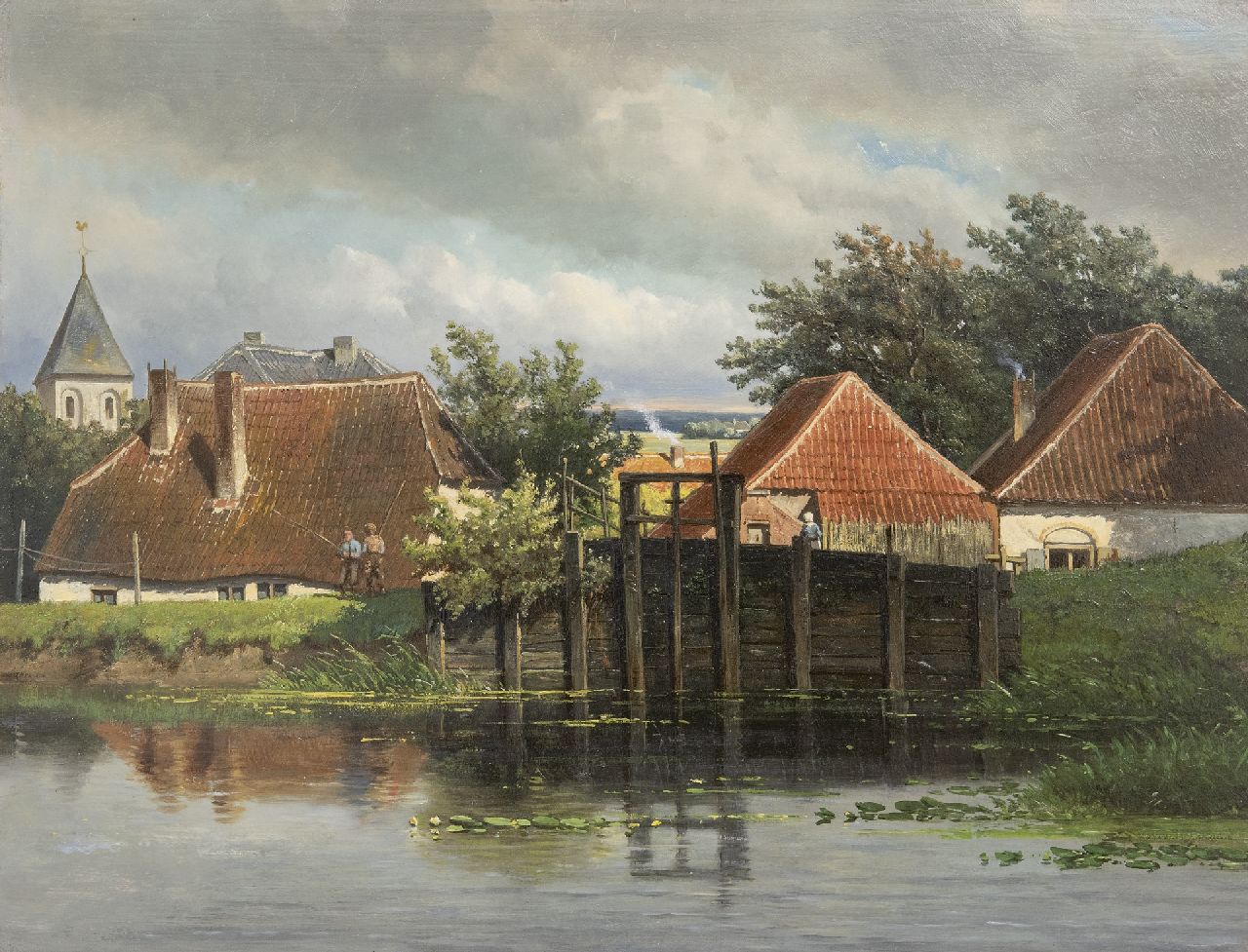 Weissenbruch J.  | Johannes 'Jan' Weissenbruch, Blick auf ein Dorf mit Schleuse und zwei Fischern, Öl auf Holz 35,4 x 46,7 cm