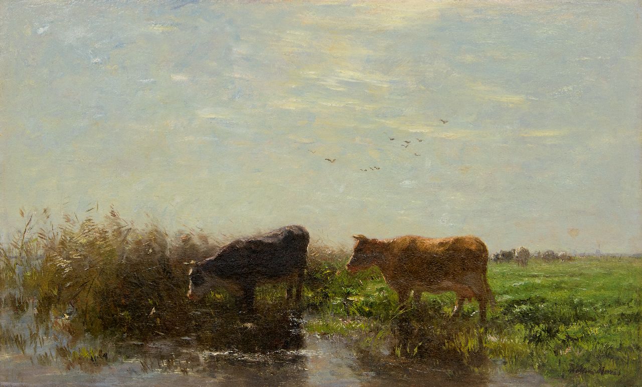 Maris W.  | Willem Maris, Zwei Kühe in holländische Landschaft, Öl auf Leinwand 53,6 x 78,5 cm, Unterzeichnet u.r.