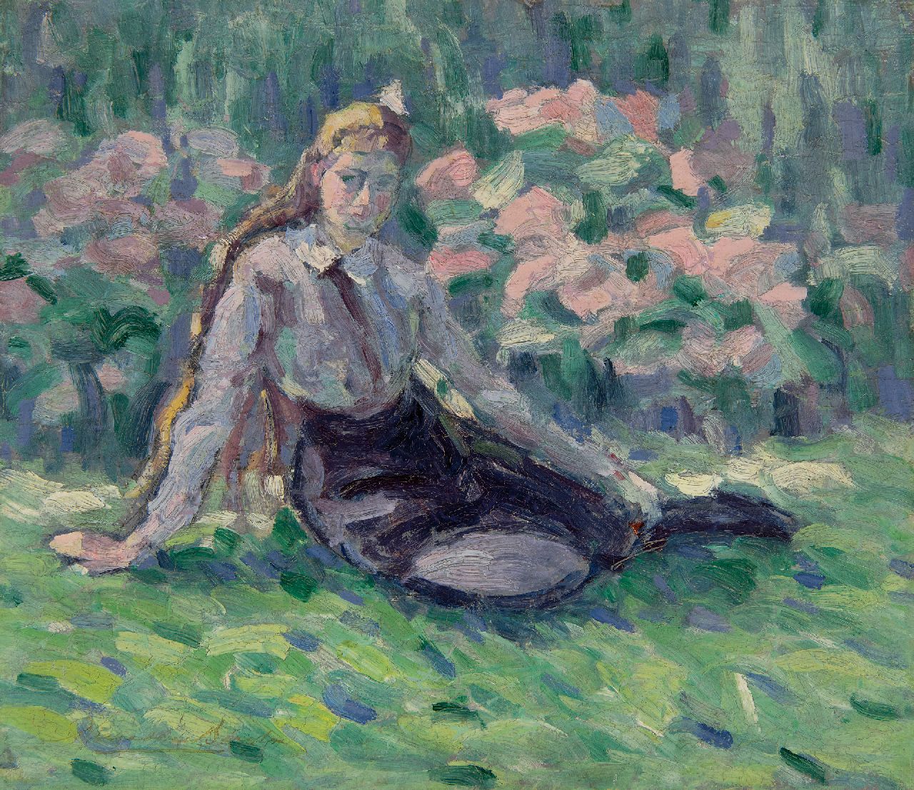 Belgische School, 2e helft 19e eeuw   | Belgische School, 2e helft 19e eeuw | Gemälde zum Verkauf angeboten | Junges Mädchen im Garten, Öl auf Holz 24,4 x 27,4 cm, Unterzeichnet u.l.