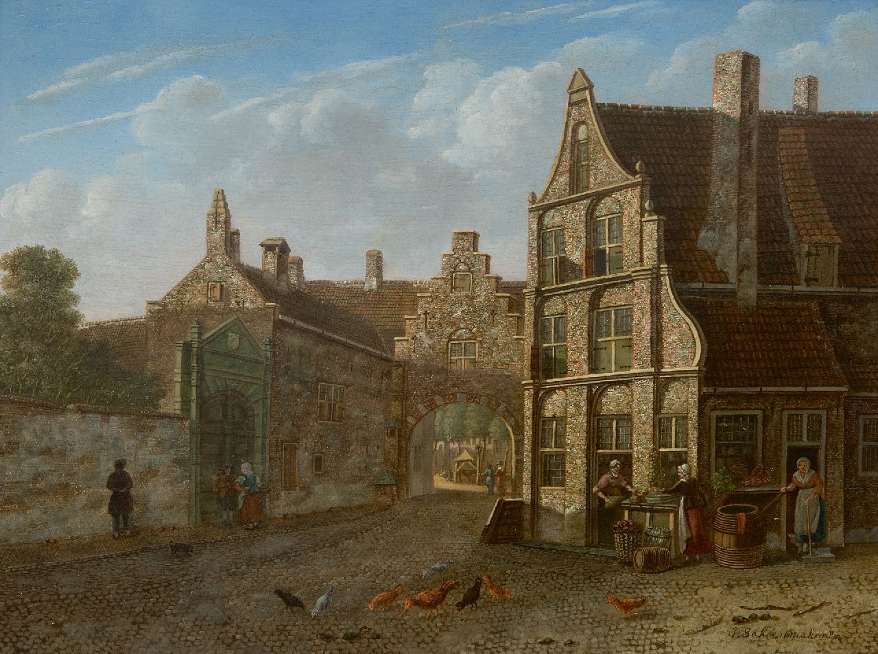 Schoenmaker Pzn J.  | Johannes Schoenmaker Pzn | Gemälde zum Verkauf angeboten | Stadtansicht mit Tor und Gemüseverkäufern, Öl auf Holz 31,9 x 42,8 cm, Unterzeichnet u.r.