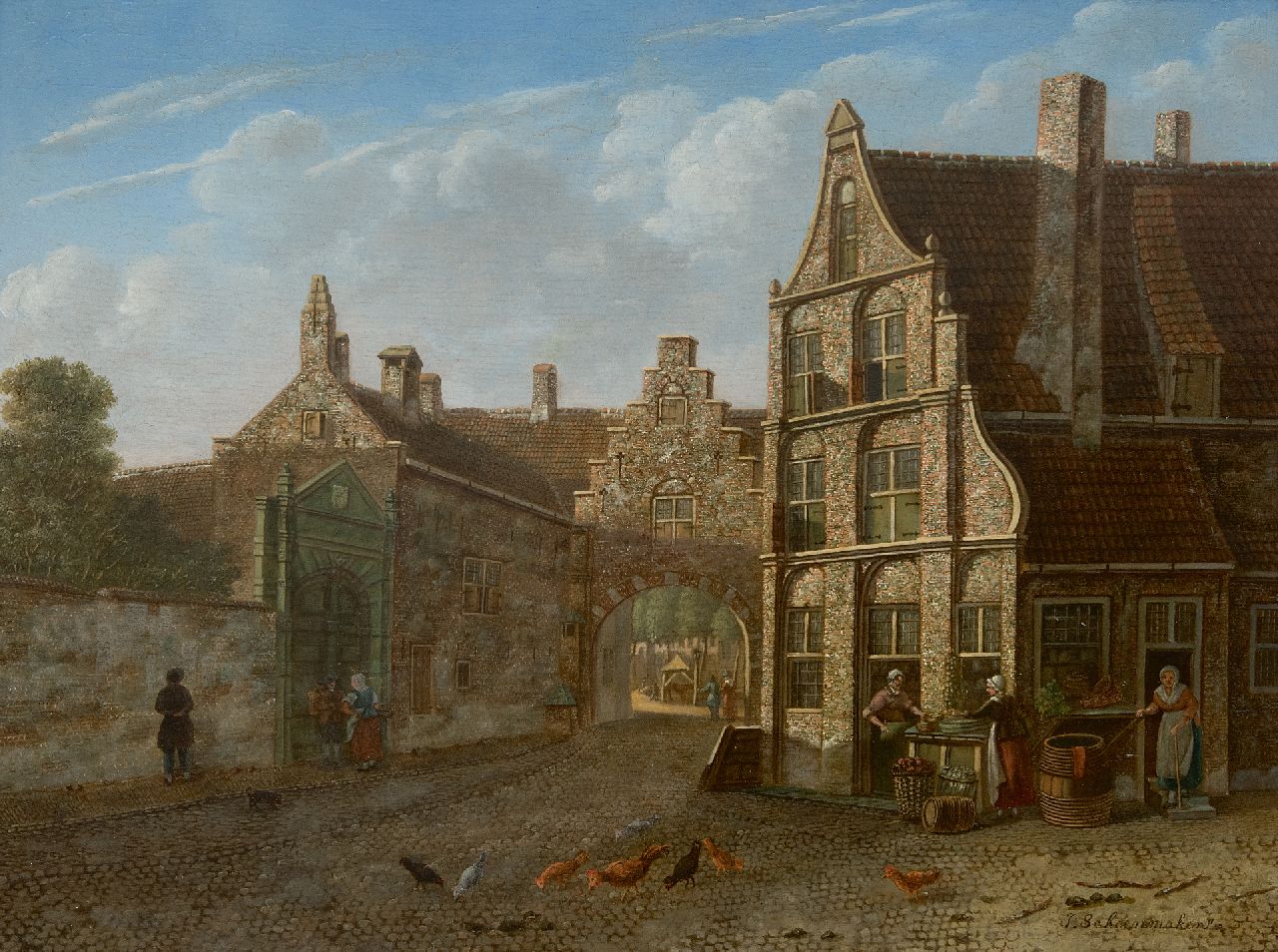 Schoenmaker Pzn J.  | Johannes Schoenmaker Pzn | Gemälde zum Verkauf angeboten | Stadtansicht mit Tor und Gemüseverkäufern, Öl auf Holz 31,9 x 42,8 cm, Unterzeichnet u.r.