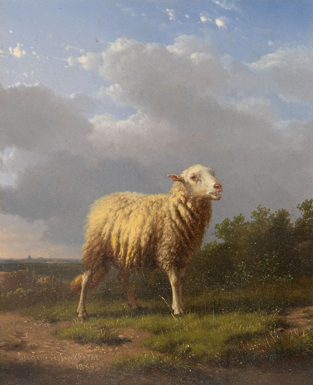Verboeckhoven E.J.  | Eugène Joseph Verboeckhoven, Schaf in einer Landschaft, Öl auf Holz 17,6 x 14,4 cm, Unterzeichnet u.l. und datiert 1855