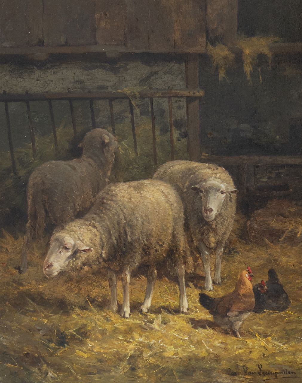 Leemputten C. van | Cornelis van Leemputten | Gemälde zum Verkauf angeboten | Schafe in der Scheune, Öl auf Holz 40,0 x 31,7 cm, Unterzeichnet u.r.