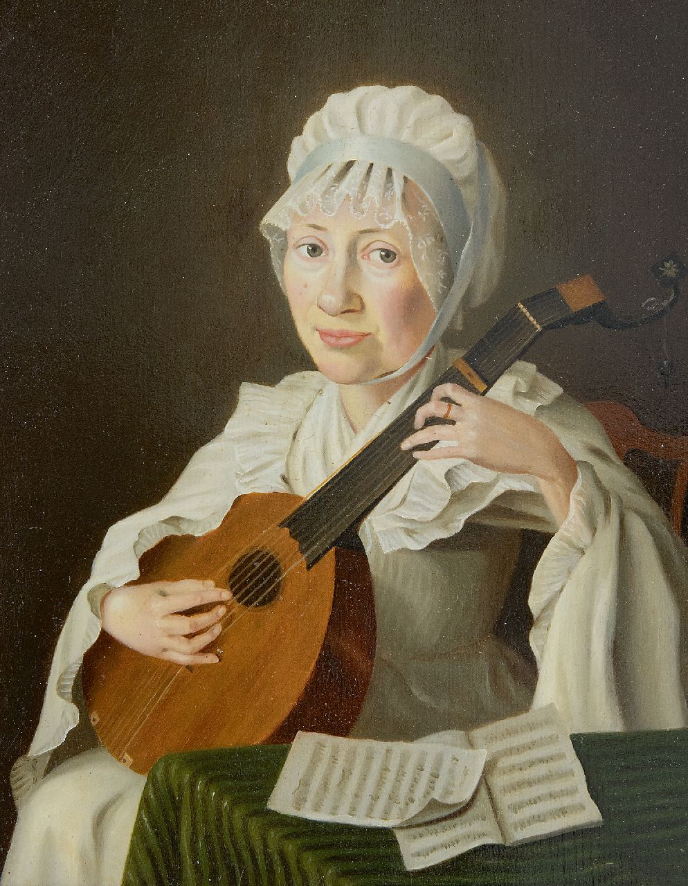 Hollandse School, 18e eeuw   | Hollandse School, 18e eeuw | Gemälde zum Verkauf angeboten | Laute spielende Frau, Öl auf Holz 28,7 x 24,5 cm
