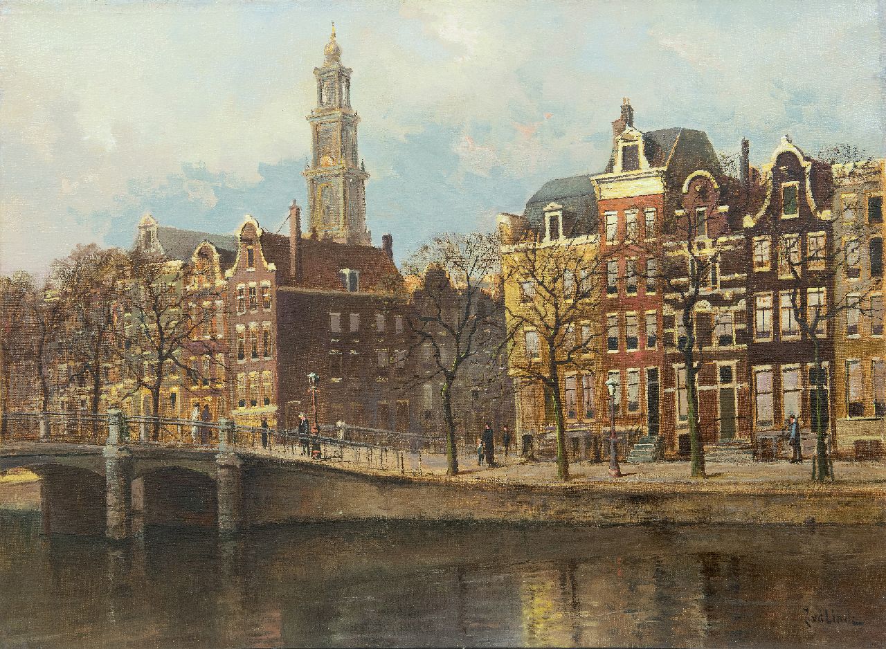 Linde J. van der | Jan van der Linde, Blick auf Amsterdam mit dem Turm der Westerkirche, Öl auf Leinwand 58,5 x 79,4 cm, Unterzeichnet u.r.