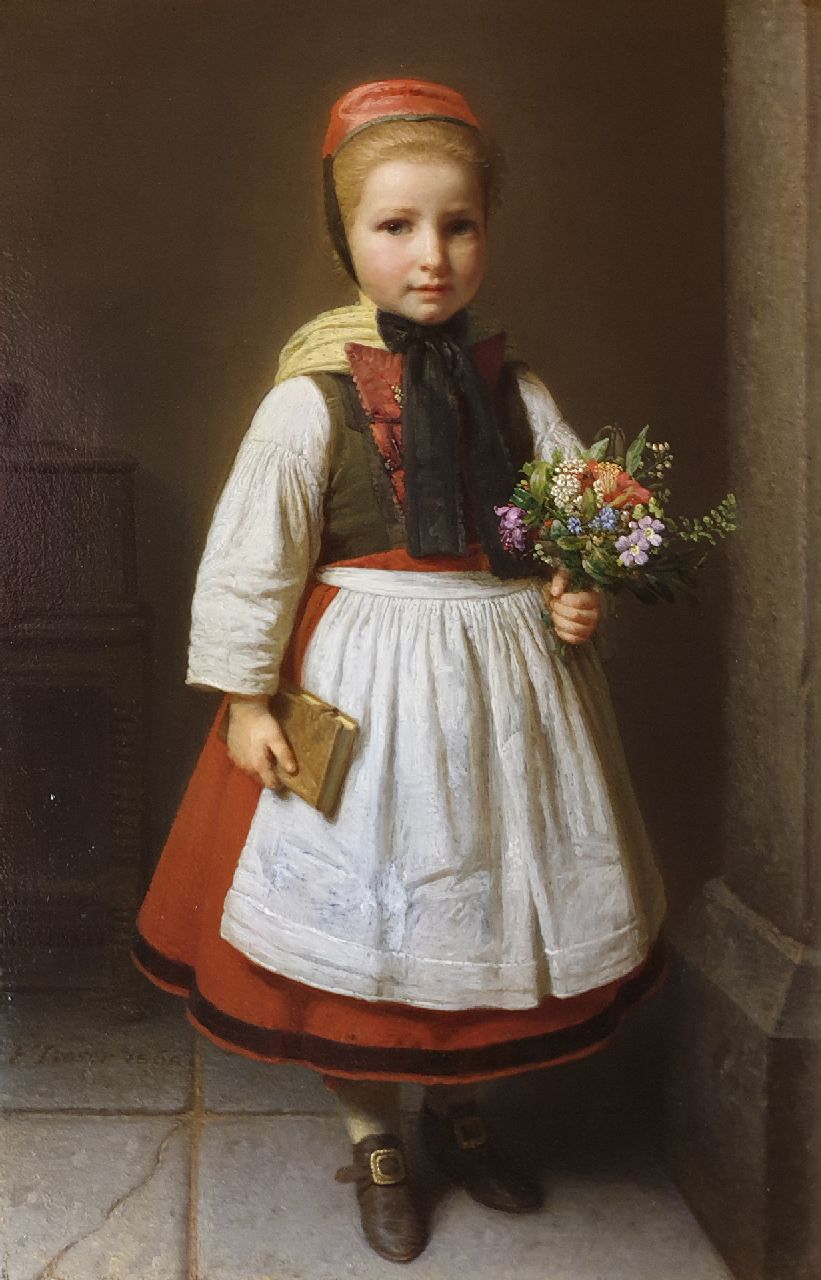 Friedrich Boser | Mädchen mit Blumensträusslein, Öl auf Holz, 41,8 x 27,1 cm, Unterzeichnet u.l. und datiert 1862