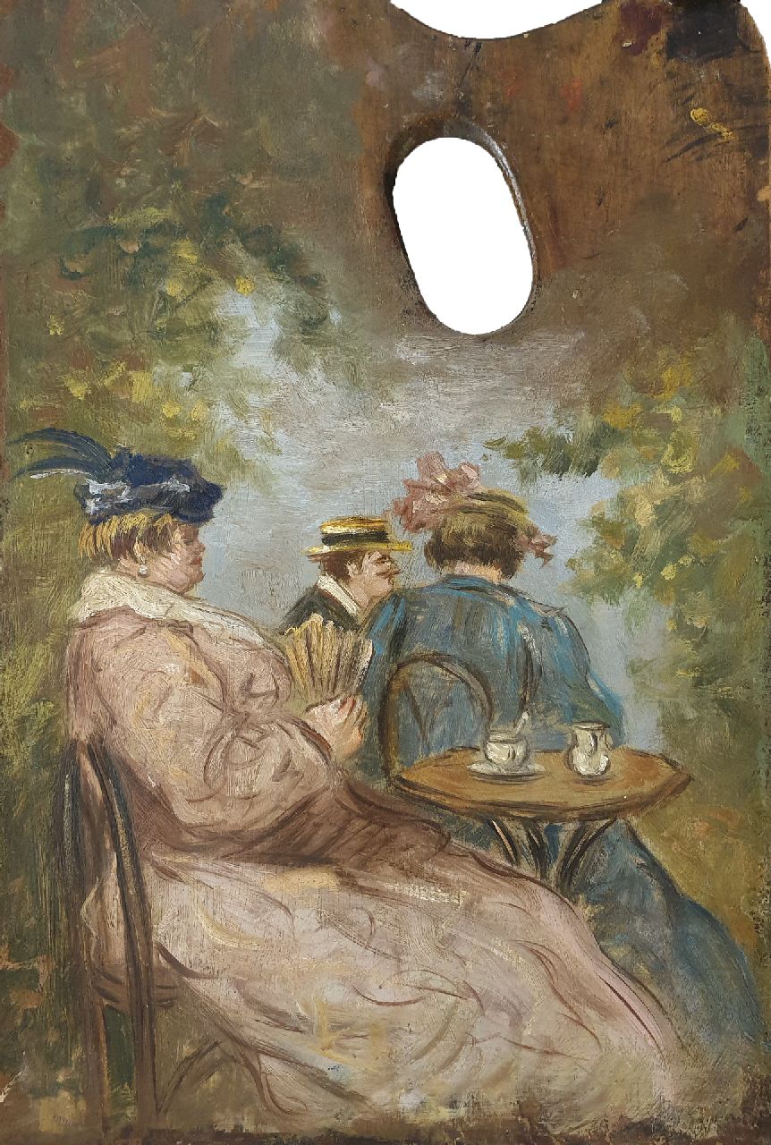 Hollandse School, 19e eeuw   | Hollandse School, 19e eeuw | Gemälde zum Verkauf angeboten | Figuren auf einer Terrasse, auf der Palette gemalt, Öl auf Holz 27,9 x 17,6 cm