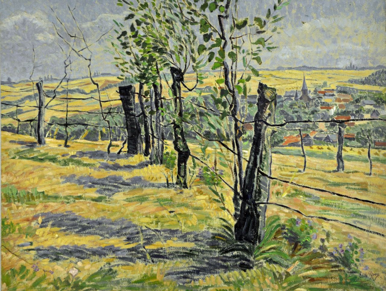 Pijpers E.E.  | 'Edith' Elizabeth Pijpers, Hügellandschaft mit Dorf in der Ferne, Öl auf Papier 37,1 x 48,5 cm, Unterzeichnet u.r.