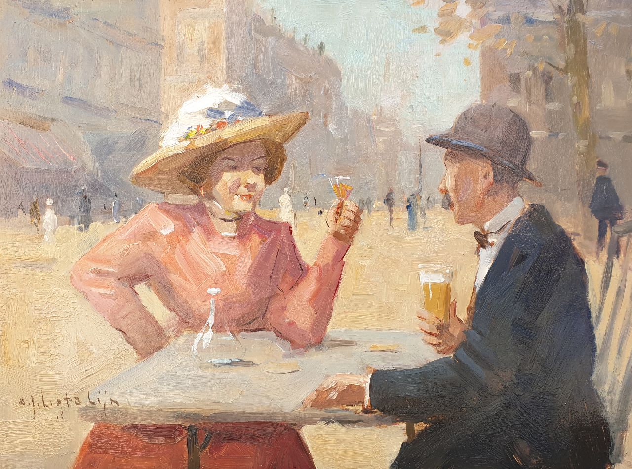 Ligtelijn E.J.  | Evert Jan Ligtelijn, Auf der Terrasse, Öl auf Holz 20,0 x 26,9 cm, Unterzeichnet u.l.