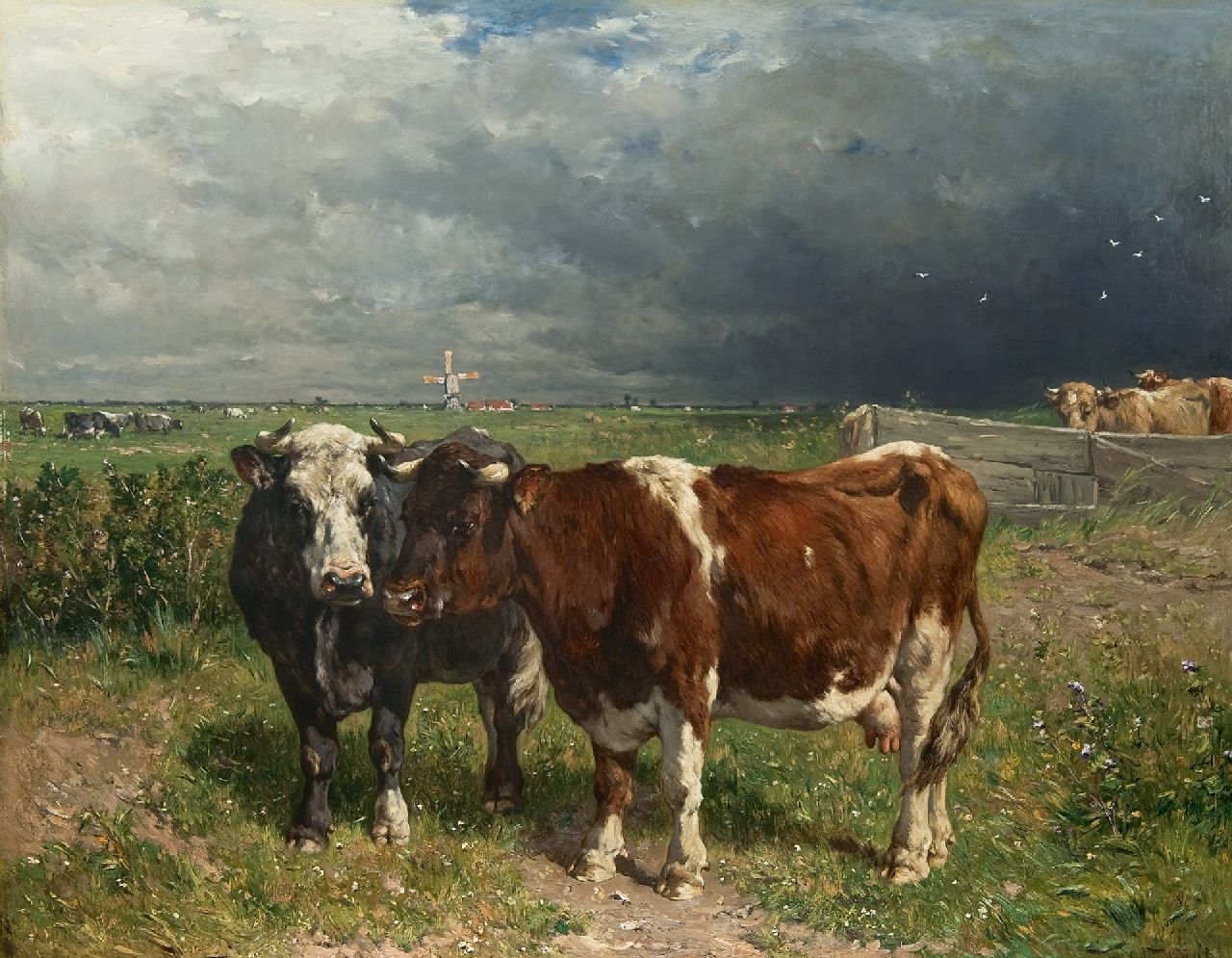 Haas J.H.L. de | Johannes Hubertus Leonardus de Haas, Holländische Landschaft mit Vieh, Öl auf Holz 79,8 x 100,0 cm, Unterzeichnet u.r.