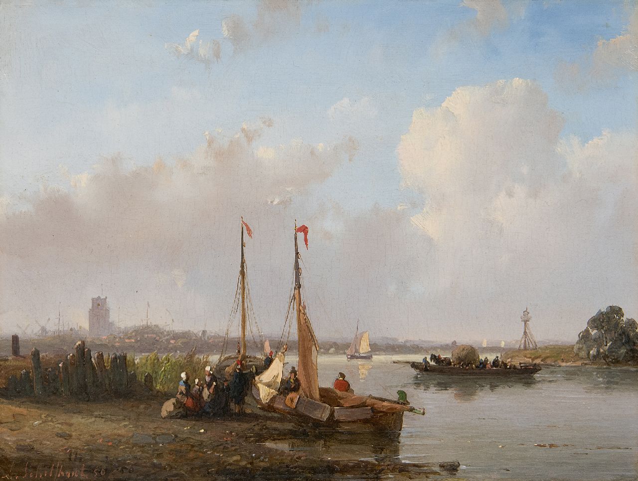 Schelfhout A.  | Andreas Schelfhout, Ein Sommertag auf dem Wasser bei Dordrecht, Öl auf Holz 17,3 x 22,7 cm, Unterzeichnet u.l. und datiert '50