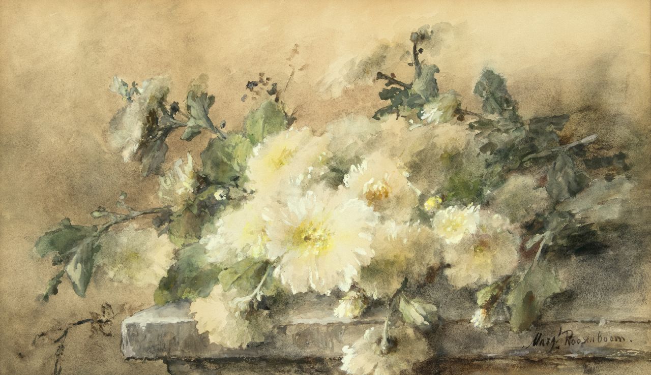 Roosenboom M.C.J.W.H.  | 'Margaretha' Cornelia Johanna Wilhelmina Henriëtta Roosenboom | Aquarelle und Zeichnungen zum Verkauf angeboten | Weisse Chrysanthemen auf einer Steinleiste, Aquarell auf Papier 44,6 x 74,9 cm, Unterzeichnet u.r.