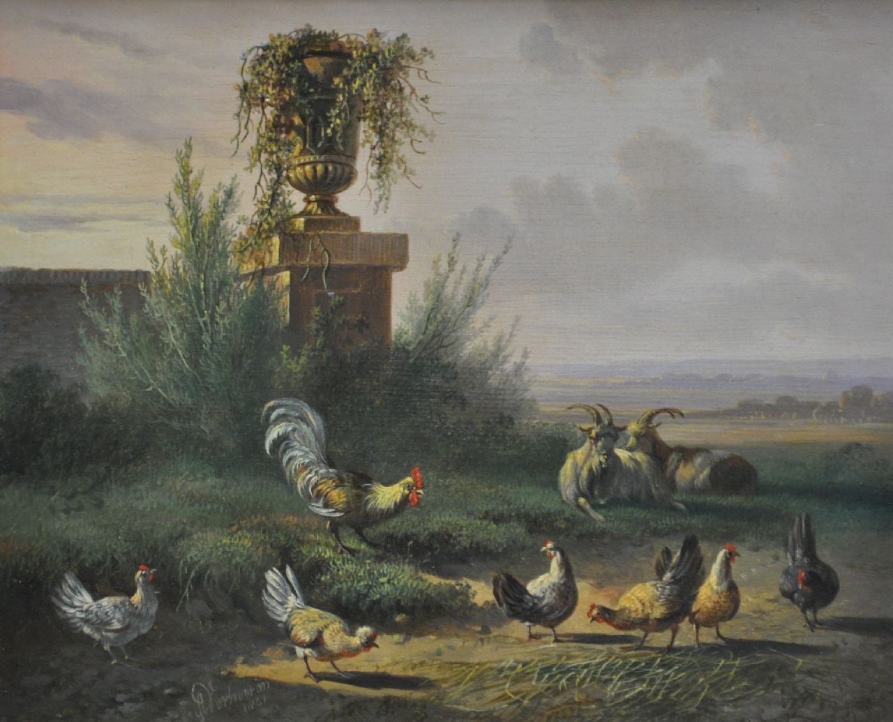 Verhoesen A.  | Albertus Verhoesen, Landschaft mit Vedervieh und zwei Böcke, Öl auf Holz 18,0 x 22,1 cm, Unterzeichnet u.l. und datiert 1861