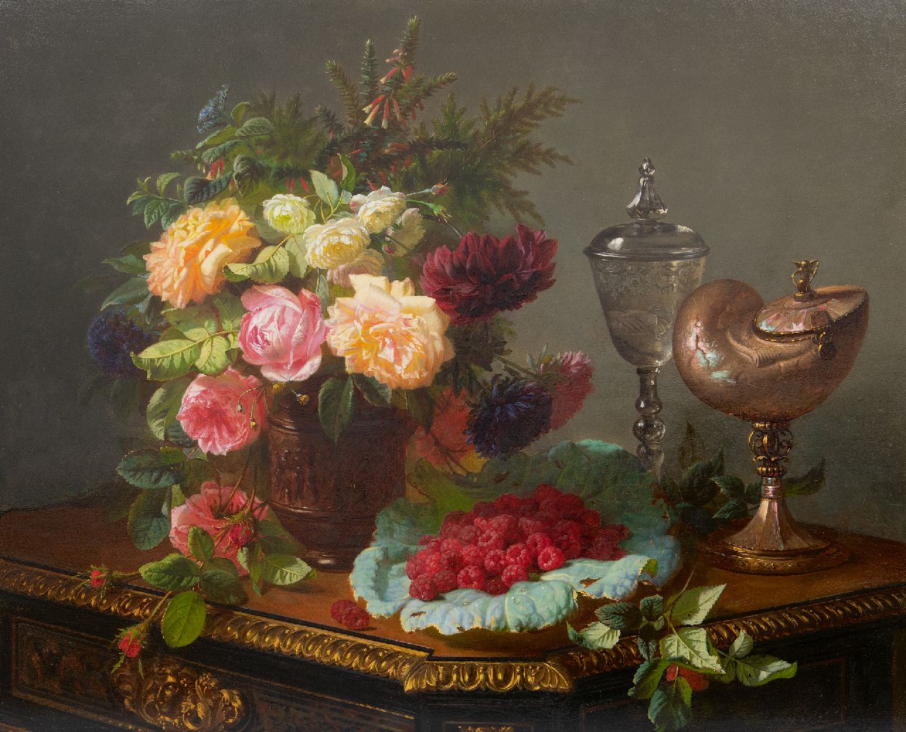 Robie J.B.  | Jean-Baptiste Robie, Stilleben mit Rose und Früchte und Nautilus Becher, Öl auf Holz 63,0 x 77,8 cm, Unterzeichnet u.r.