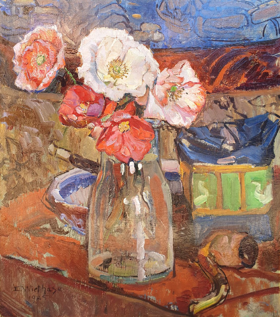 Wiethase E.  | Edgard Wiethase, Mohnblumen in einer Vase, Öl auf Holz 39,3 x 35,1 cm, Unterzeichnet u.l. und datiert 1925