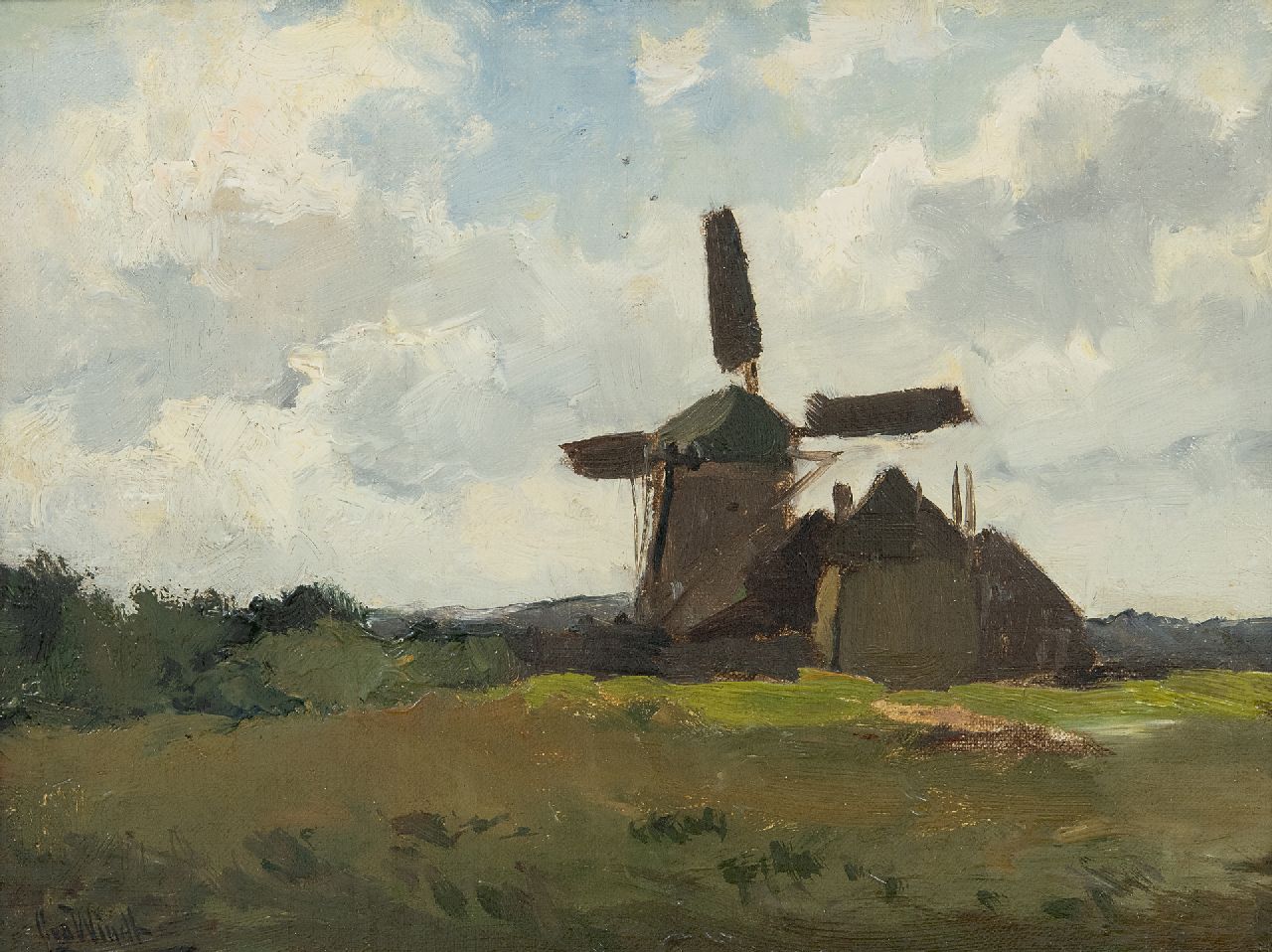 Windt Ch. van der | Christophe 'Chris' van der Windt, Landschaft mit Poldermühle, Öl auf Leinwand auf Holz 22,3 x 28,2 cm, Unterzeichnet u.l.