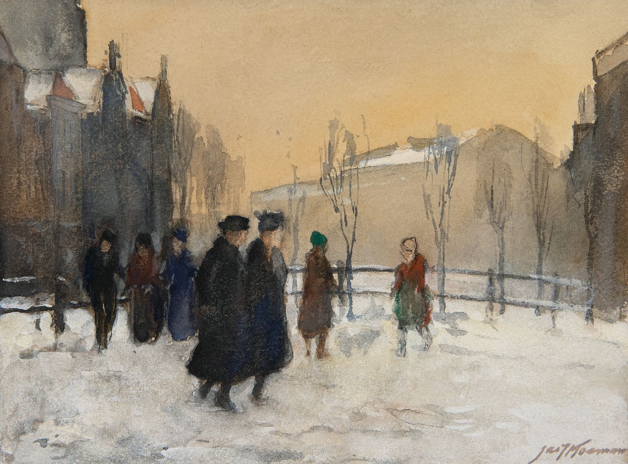 Koeman J.J.  | Jacobus Jan 'Jac. J.' Koeman, Figuren im Schnee, Amsterdam, Aquarell auf Papier 19,2 x 25,4 cm, Unterzeichnet u.r.