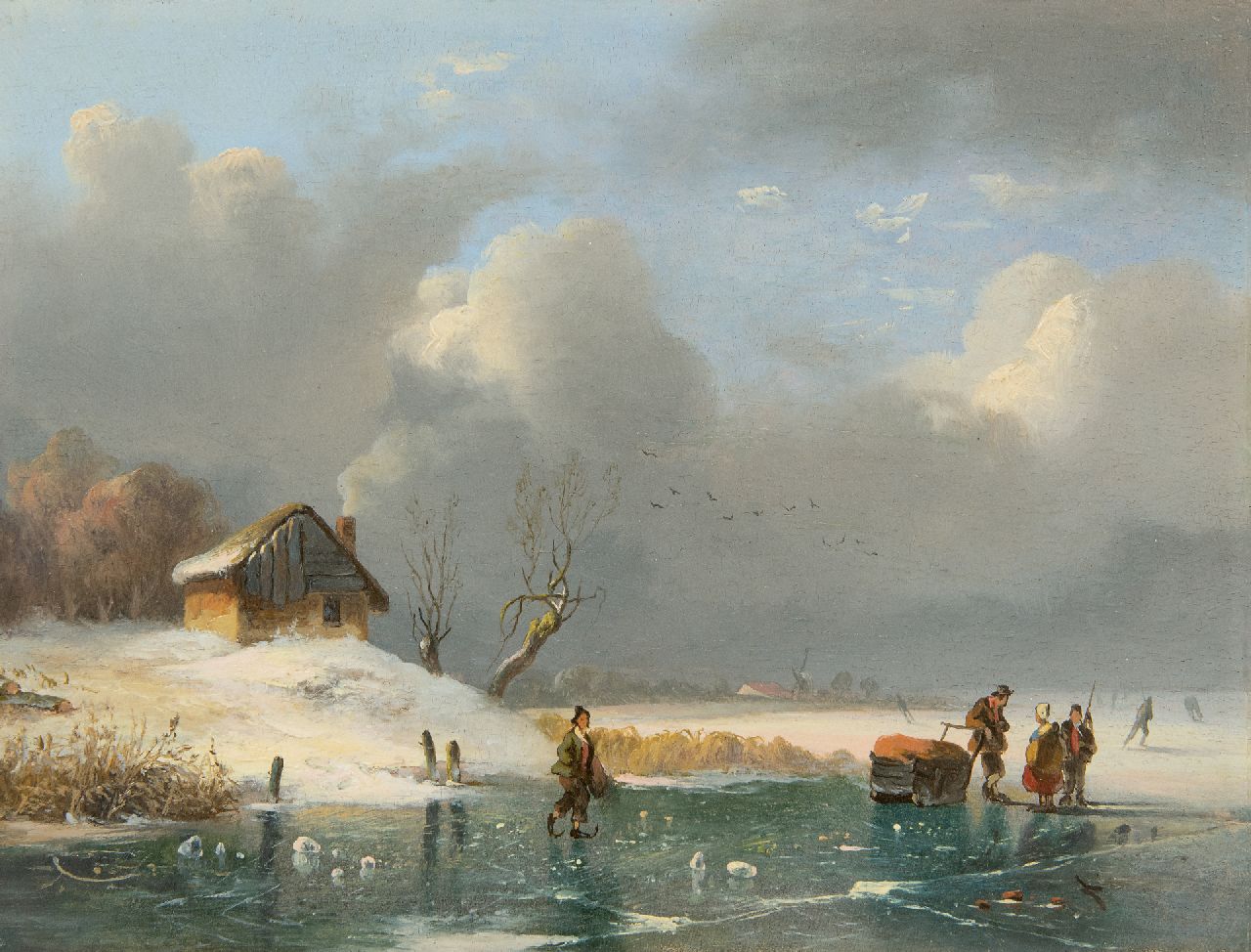 Sijpkens F.H.  | Ferdinand Hendrik Sijpkens, Gefrorener Fluss mit einem Schlitten und Eisläufern, Öl auf Holz 19,3 x 25,3 cm