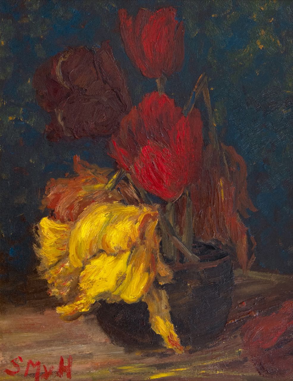 Mesdag-van Houten S.  | Sina 'Sientje' Mesdag-van Houten, Tulpe in einer Vase, Öl auf Holz 36,1 x 27,3 cm, Unterzeichnet u.l. mit Initialen