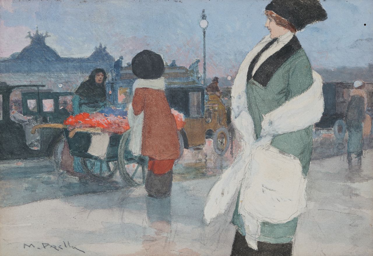 M. Prella | Elegante Frau auf dem Boulevard, Paris, Aquarell und Gouache auf Papier, 16,0 x 23,6 cm, Unterzeichnet u.l.