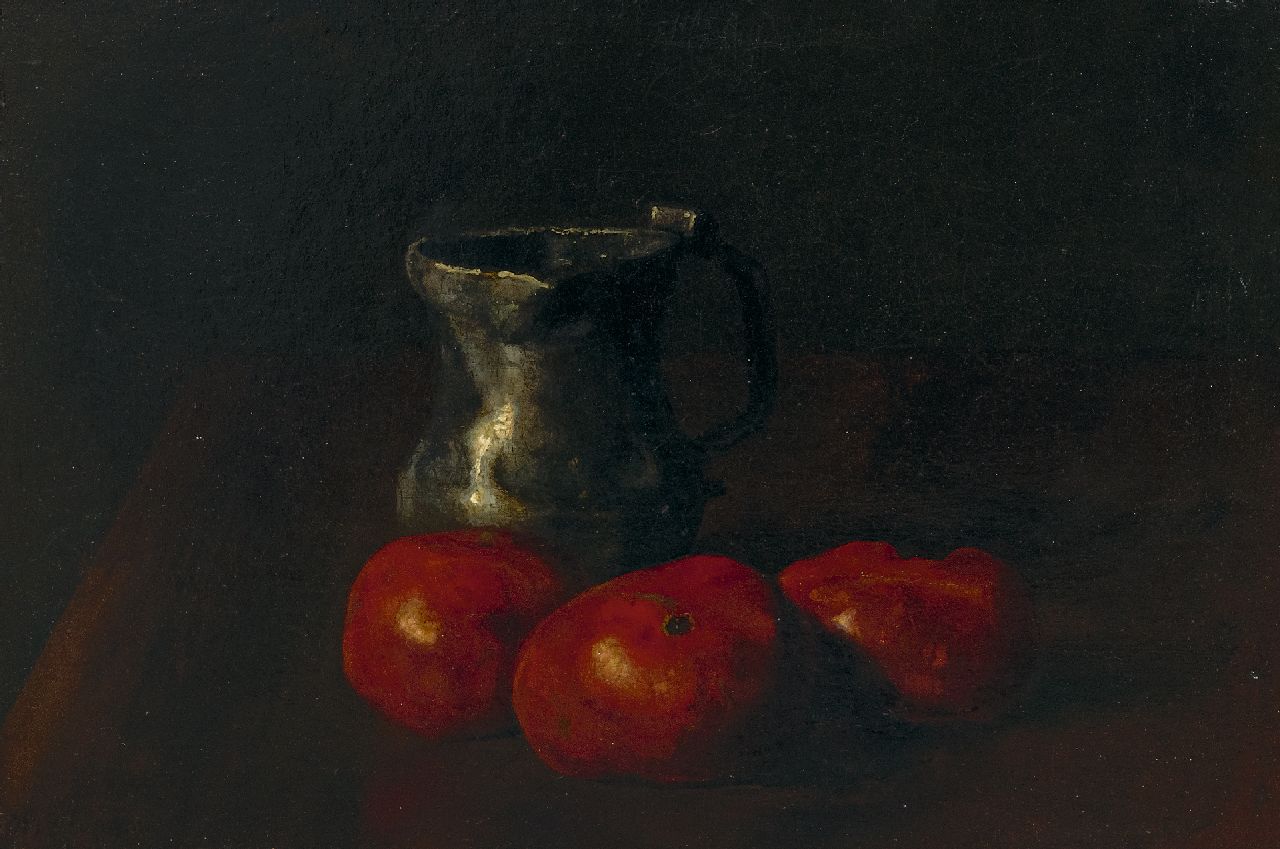 Maarten Jungmann | Stilleben mit Zinnkan und Tomaten, Öl auf Holz, 23,7 x 32,9 cm, Unterzeichnet u.l.
