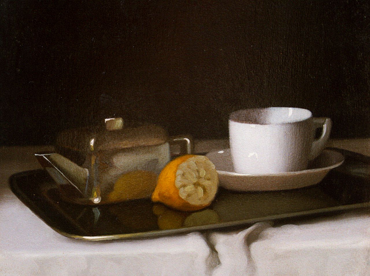 Pentelei Molnar J.  | Janos Pentelei Molnar, Still life with a tea set and a lemon, Öl auf Holz 21,8 x 26,7 cm, signed l.l.
