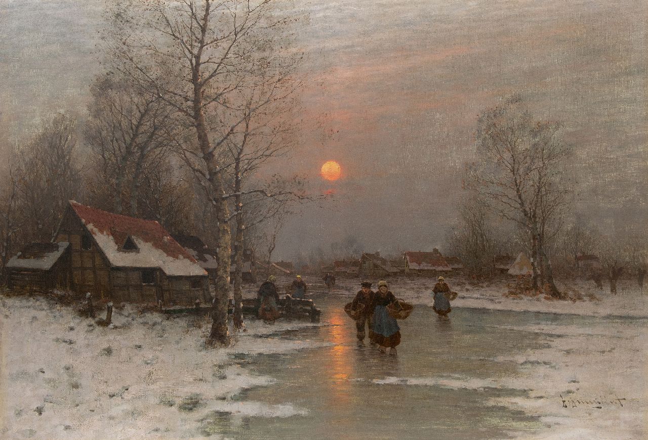 Jungblut J.  | Johann Jungblut, Landleute auf zugefronerem Fluss, Öl auf Leinwand 80,3 x 115,1 cm, Unterzeichnet u.r. und zonder lijst