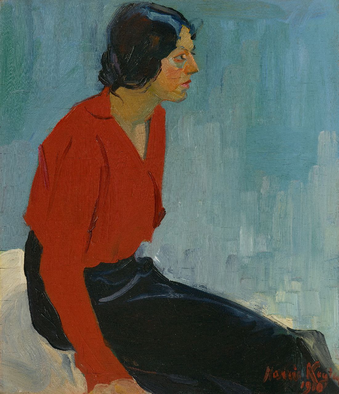 Kuijten H.J.  | Henricus Johannes 'Harrie' Kuijten, Frau in roter Bluse, Öl auf Holz 57,1 x 49,5 cm, Unterzeichnet u.r. und datiert 1910