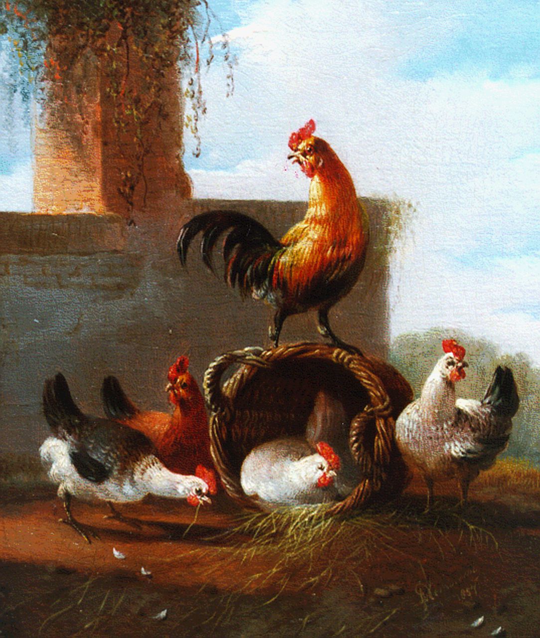 Verhoesen A.  | Albertus Verhoesen, Poultry in a classical landscape, Öl auf Holz 12,1 x 10,2 cm, signed l.r. und dated 1857