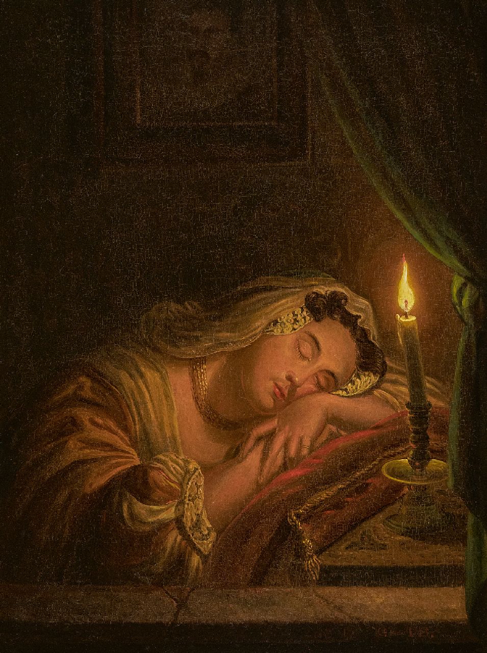 Willem Thans | Schlafende Frau bei Kerzenlicht, Öl auf Holz, 25,6 x 20,2 cm, Unterzeichnet u.r. und datiert 1845
