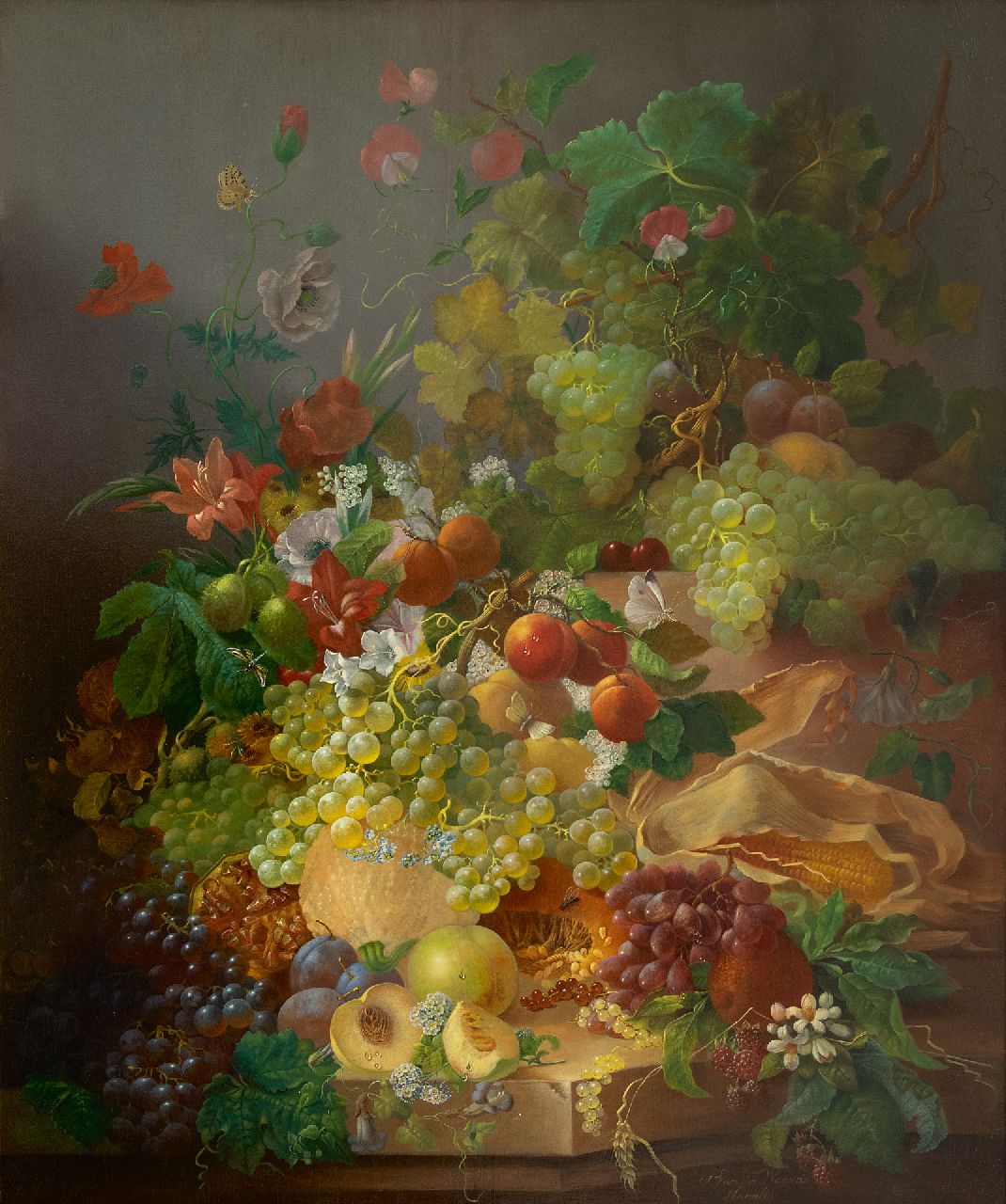 Waarden J. van der | Jan van der Waarden | Gemälde zum Verkauf angeboten | Stilleben mit Früchten und Blumen, Öl auf Holz 91,8 x 76,7 cm, Unterzeichnet u.r. und zu datieren nach 1850