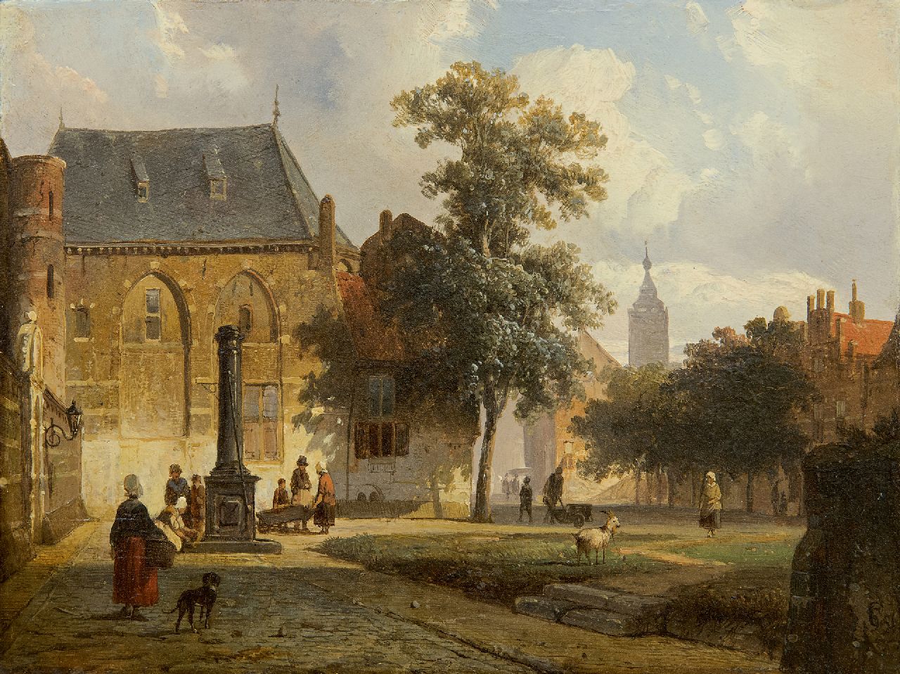 Springer C.  | Cornelis Springer, Sonniger Stadtplatz mit Figuren an einem Brunnen, Öl auf Holz 16,3 x 21,7 cm, Unterzeichnet u.r. mit Monogramm und datiert '51