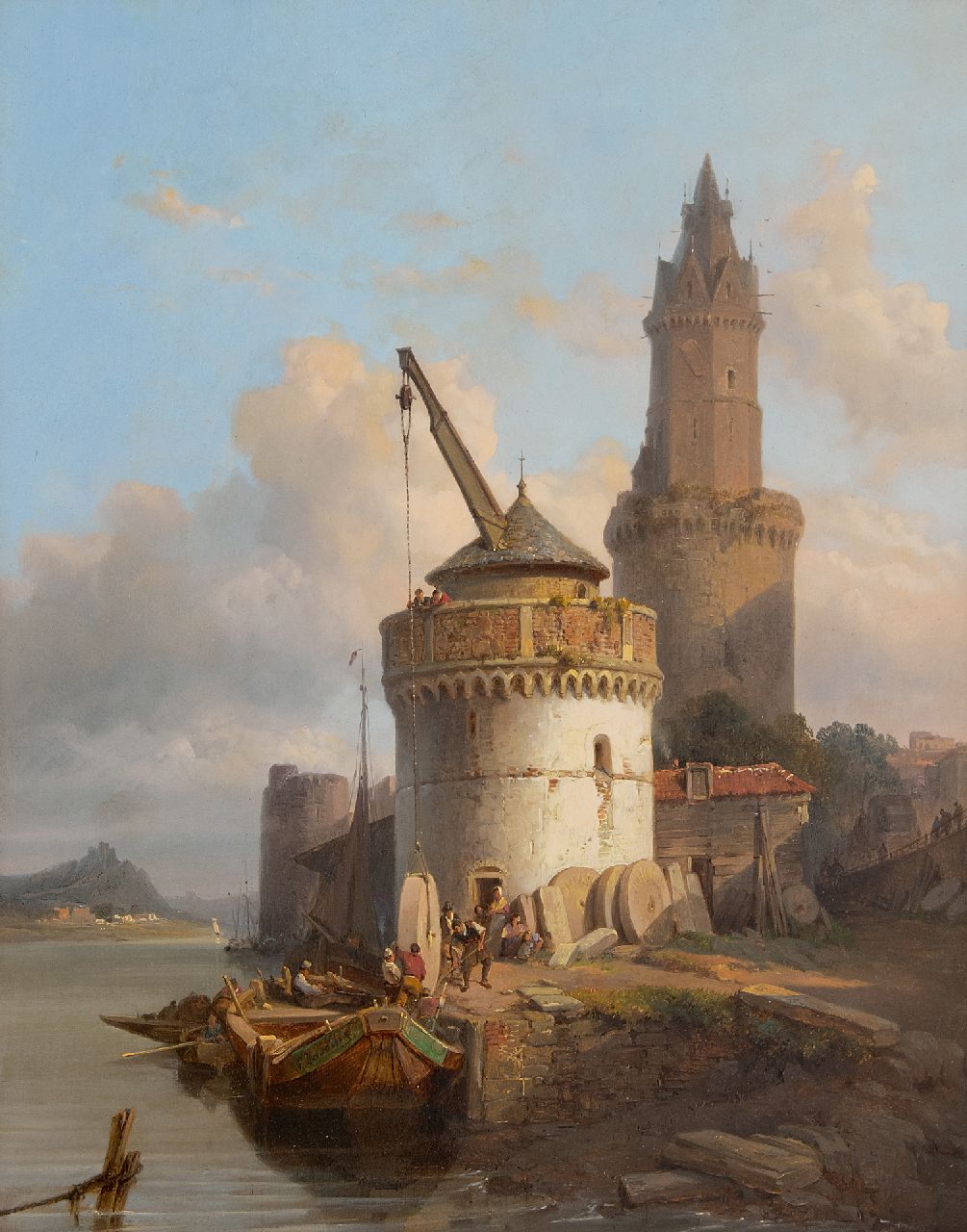 François Bossuet | Die Verladung von Mühlsteinen in Andernach am Rhein, Öl auf Holz, 39,5 x 31,0 cm, Unterzeichnet auf dem Bug des Bootes