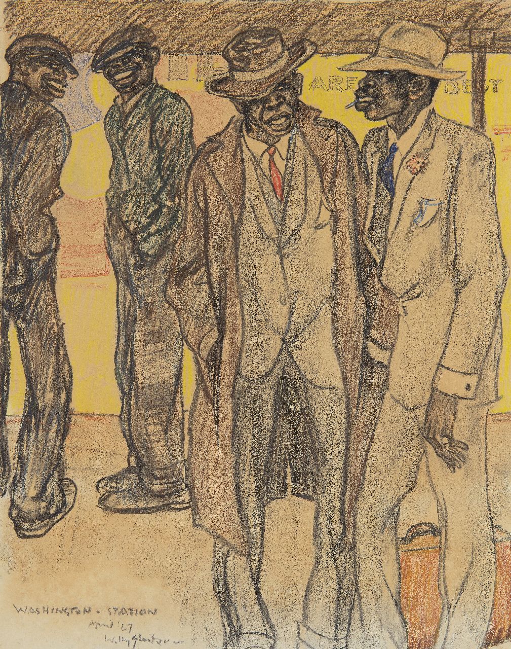 Sluiter J.W.  | Jan Willem 'Willy' Sluiter | Aquarelle und Zeichnungen zum Verkauf angeboten | Auf dem Bahnsteig, Washington Station, Schwarze und Farbkreide auf Papier 46,5 x 36,6 cm, Unterzeichnet u.l. und datiert April '27